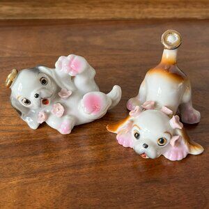 Pair of Vintage Playful Puppy Dog Figurines Pink Flowers Porcelain Kitschy Japan
